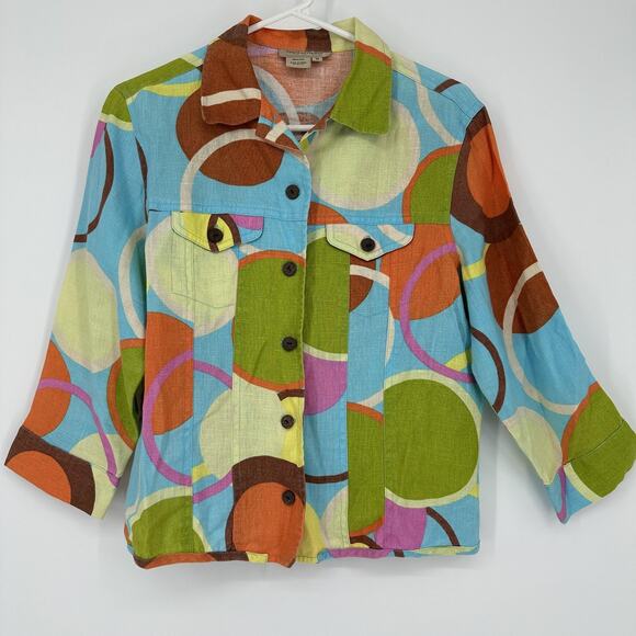 Transitions Jacket Womens Medium Multicolor Linen Button Front Retro 60s Circles - Picture 1 of 8